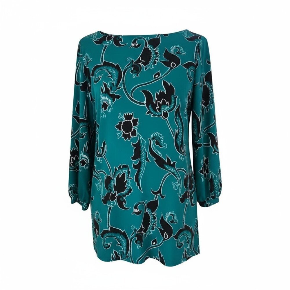 Ann Taylor Floral Print Blouse Teal Black Size S 3/4 Sleeve Stretch Top